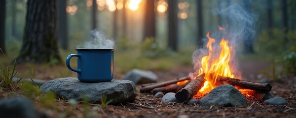 Blue mug steams with hot drink next to campfire in forest. Sunlight filters through trees creating bokeh. Peaceful outdoor scene offers relaxation and warmth. Morning nature ambiance.