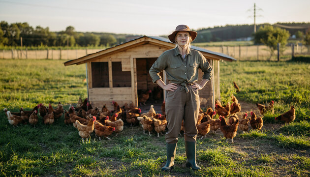 Confident woman farmer standing in open field with chicken coop and flock behind her, wearing hat and boots, rural landscape, sunny day, sustainable agriculture