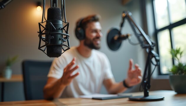Man with headphones speaks into microphone in radio studio. He gestures with hands while recording podcast. Enthusiastic man talks, shares info, broadcasts live. - Powered by Adobe