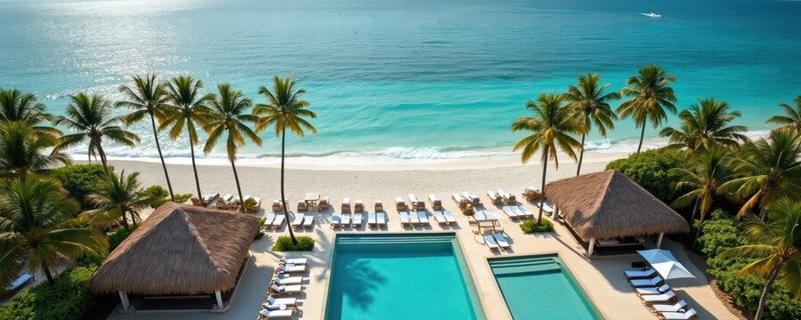 Aerial view of luxury resort with swimming pools, beach chairs, and palm trees by turquoise ocean. Peaceful tropical vacation destination with no people, perfect for travel and leisure. Sunny day.