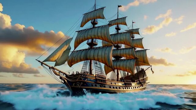 old sailboat in sunset rays on the sea, old sailing brigantine