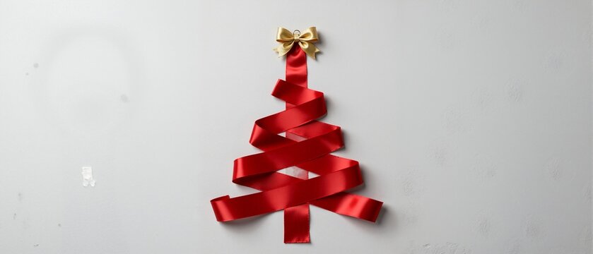 A creative Christmas tree made from a single red satin ribbon. Minimalist holiday decoration with a gold bow on a gray background. Top view with copy space for text