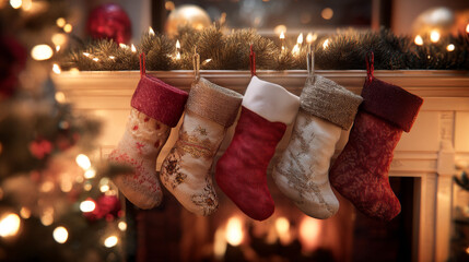 Colorful Christmas Stockings Hanging on Fireplace — Festive Cozy Decor