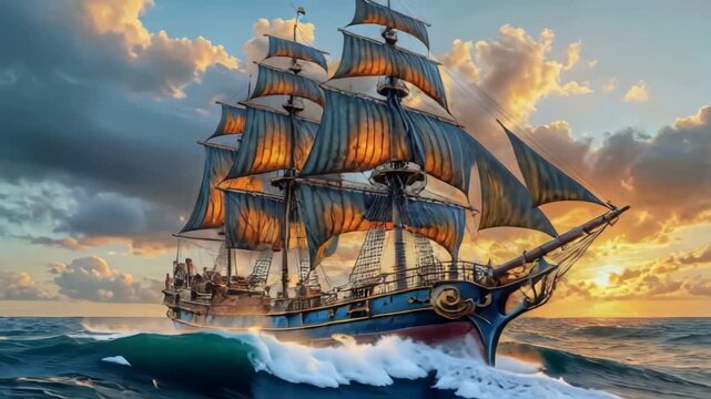 old sailboat in sunset rays on the sea, old sailing brigantine