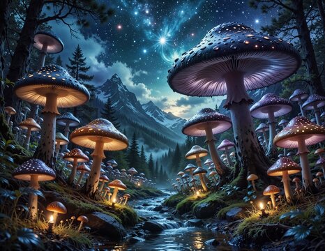 magical forest with glowing mushrooms and mountain backdrop under a starry night sky