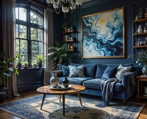 cozy blue living room interior with plants, patterned rug, and abstract art for home decor stock photo