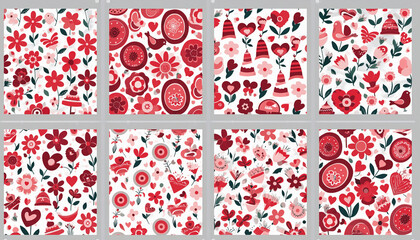 Vintage red heart and floral vector seamless pattern design with leaf ornaments and retro flowers for love themed fabric textile wallpaper or decoration backdrop