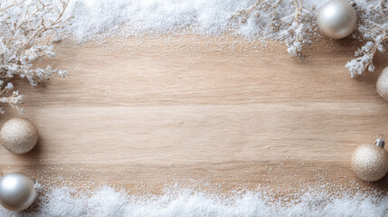 Winter Wooden Table Background with Snow and Decorations — Holiday Flat Lay Photo