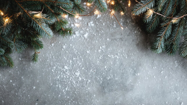 Frosty Christmas Background with Pine Branches and Lights &mdash; Winter Holiday Texture
