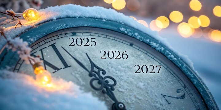 Winter s embrace a vintage clock covered in snow marks the approaching years 2025 2026 and 2027 with festive lights