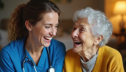 Young caregiver laughs with elderly woman in home. Nurse and senior patient share happy moment, enjoy support and companionship. Health care connection, positive elder care.