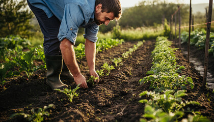 Farmer working in organic vegetable garden at sunrise, planting seedlings in fertile soil, wearing boots and denim shirt, surrounded by lush green plants, natural warm light