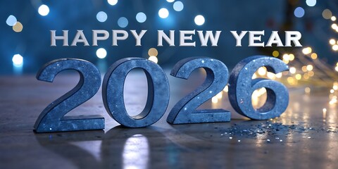 Sparkling blue 2026 numbers illuminated by festive bokeh lights announce a joyful new year celebration