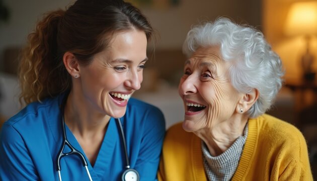 Young caregiver laughs with elderly woman in home. Nurse and senior patient share happy moment, enjoy support and companionship. Health care connection, positive elder care. - Powered by Adobe