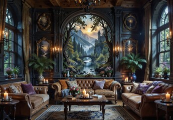 luxurious victorian living room interior with scenic landscape mural and warm candlelight.
