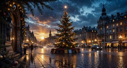 Obraz premium festive christmas tree in a historic european town square with glowing lights and a light snowfall.