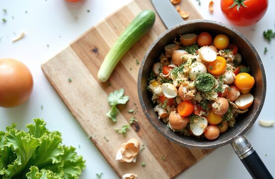 Still life food shot with eggshells tomatoes vegetables on a table. Food waste ready for compost reusing. Eco friendly zero waste concept. Organic kitchen scraps for recycling