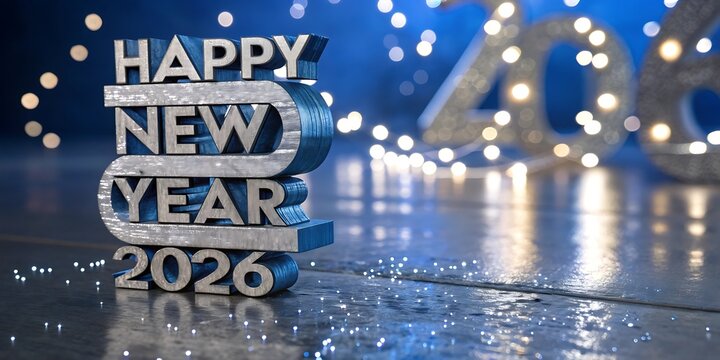 Shiny silver happy new year 2026 text with blurry bokeh lights and confetti on a reflective surface