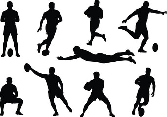 Rugby Player Silhouettes Vector Set, Dynamic Sport Action Poses Ball Game Collection, Athlete Movement Running Black Shapes