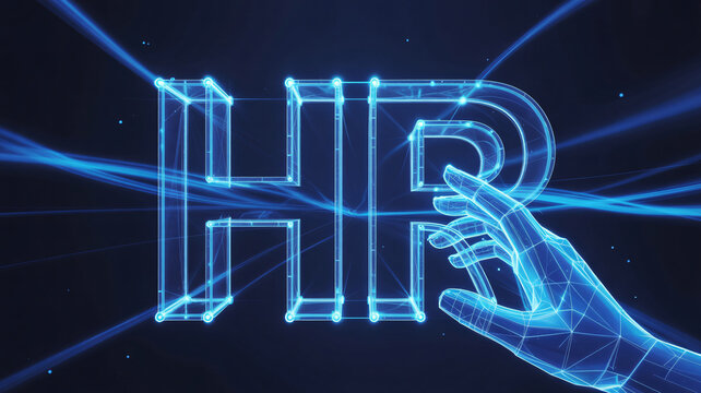 Futuristic HR solutions concept, digital human resources transformation with glowing wireframe hand reaching for HR letters in a modern tech environment