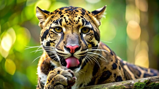 Clouded Leopard Close-up in Lush Green Jungle Environment.