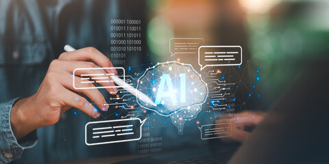 Artificial intelligence concept with digital brain, chatbot communication, futuristic data network, symbolizing AI innovation, automation, and smart technology for business and creative solutions