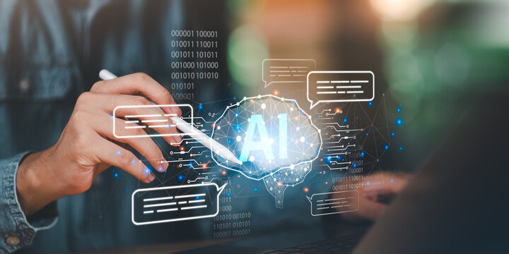 Artificial intelligence concept with digital brain, chatbot communication, futuristic data network, symbolizing AI innovation, automation, and smart technology for business and creative solutions