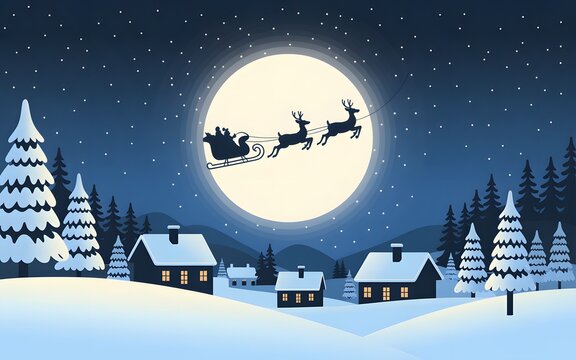 Santa claus flying in his sleigh with reindeer across a large full moon over a snowy village and pine forest at night, christmas holiday season christmas