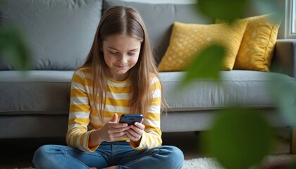 Young girl with long blond hair sits cross-legged on floor indoors, looking at smartphone. Wears yellow, white striped shirt, blue jeans, appearing relaxed, engaged with device. Background shows