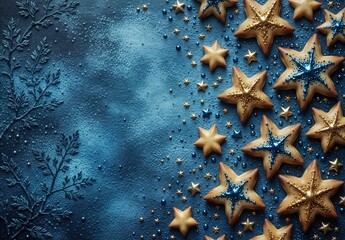 festive christmas background with golden and blue star cookies and sparkling decorations on a dark blue surface.