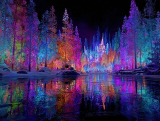 A frozen lake with a castle in the background