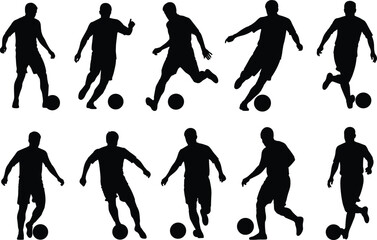 Soccer Football Player Silhouette Vector Set, Male Athlete Dribbling Ball Action Poses Collection, Dynamic Team Sport Graphic