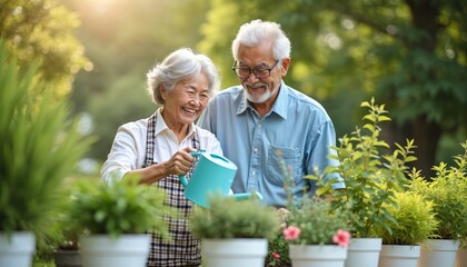 Asian senior woman waters potted plants. Her husband stands beside, both smile. Happy old couple enjoy garden hobby. They care for green flowers outdoors in sunlight.