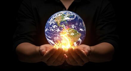 Hands holding a globe with flames, symbolizing environmental issues and global warming against a dark background.
