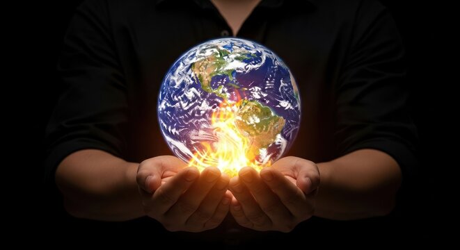Hands holding a globe with flames, symbolizing environmental issues and global warming against a dark background. - Powered by Adobe