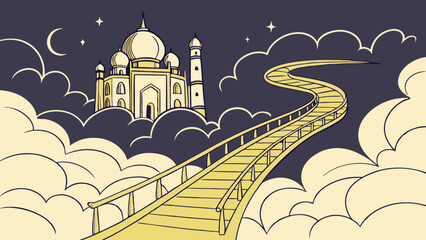 Dreamy Taj Mahal Illustration with Cloudscape and Winding Bridge Path