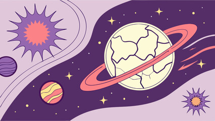 Stylized Planets and Starbursts in a Retro Space Illustration with Rings