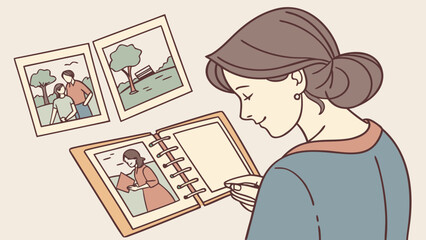 Woman gazing at photo album reminiscing about cherished memories and moments