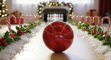 Red bowling ball rolling down a festive lane with Christmas decor  