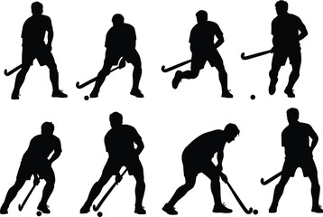 Field Hockey Player Silhouettes Vector Set, Dynamic Sport Action Poses Stick Ball Game Collection, Athlete Movement Black Shapes