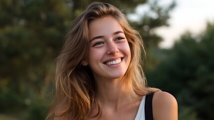 Naklejka premium Young woman with a joyful smile enjoying the golden afternoon sunlight outdoors