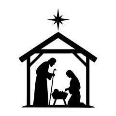 Silueta de escena de la natividad con San José, la Virgen María y el niño Jesús en el Portal de Belén con una estrella 