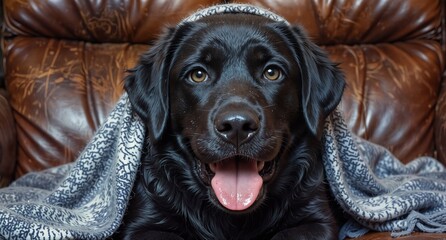 happy black labrador retriever wrapped in a cozy blanket on a leather couch