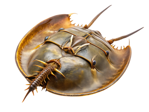 A horseshoe crab, a marine arthropod, isolated on a transparent background, showcasing its unique exoskeleton and tail