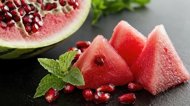 Vibrant fresh watermelon slices and ruby red pomegranate seeds, with green mint leaves, beautifully arranged for a festive winter solstice celebration, embodying ancient traditions and abundance.