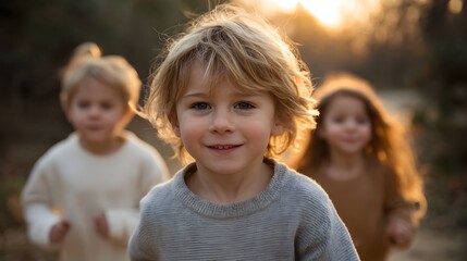 Fototapeta premium A happy young boy smiles at the with two blurred children running behind him in golden hour sunlight