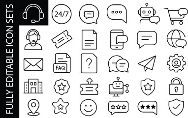 Minimal editable line icon set for customer support, chatbot service, communication, helpdesk, messaging and business interface