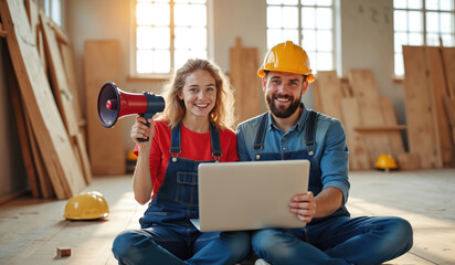 Happy young couple smiles, sits on floor in wood workshop. Man in hard hat uses laptop for online business. Woman holds megaphone, makes exciting announcement. Celebrate sales success for new home