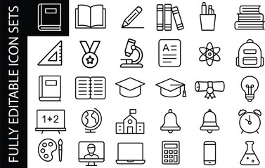 Minimal editable line icon set for education, school learning, study tools, teaching, classroom, science and academic elements