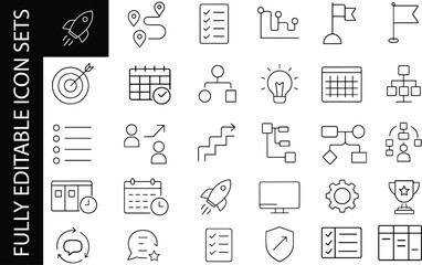 Minimal editable line icon set for project management, business planning, workflow, timelines, productivity and strategic development